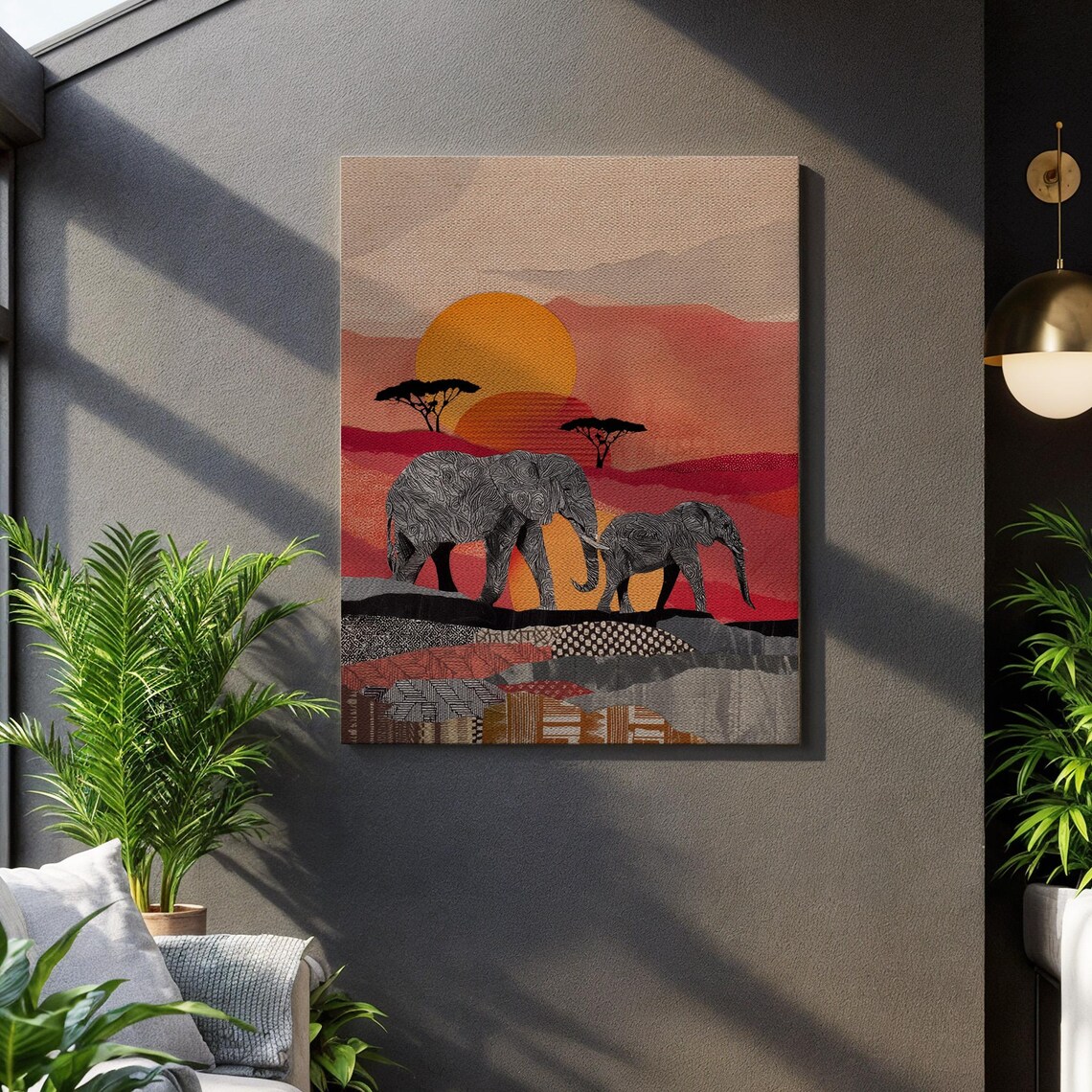 African Elephants Golden Sunset Savanna Line Art Safari Wall Art