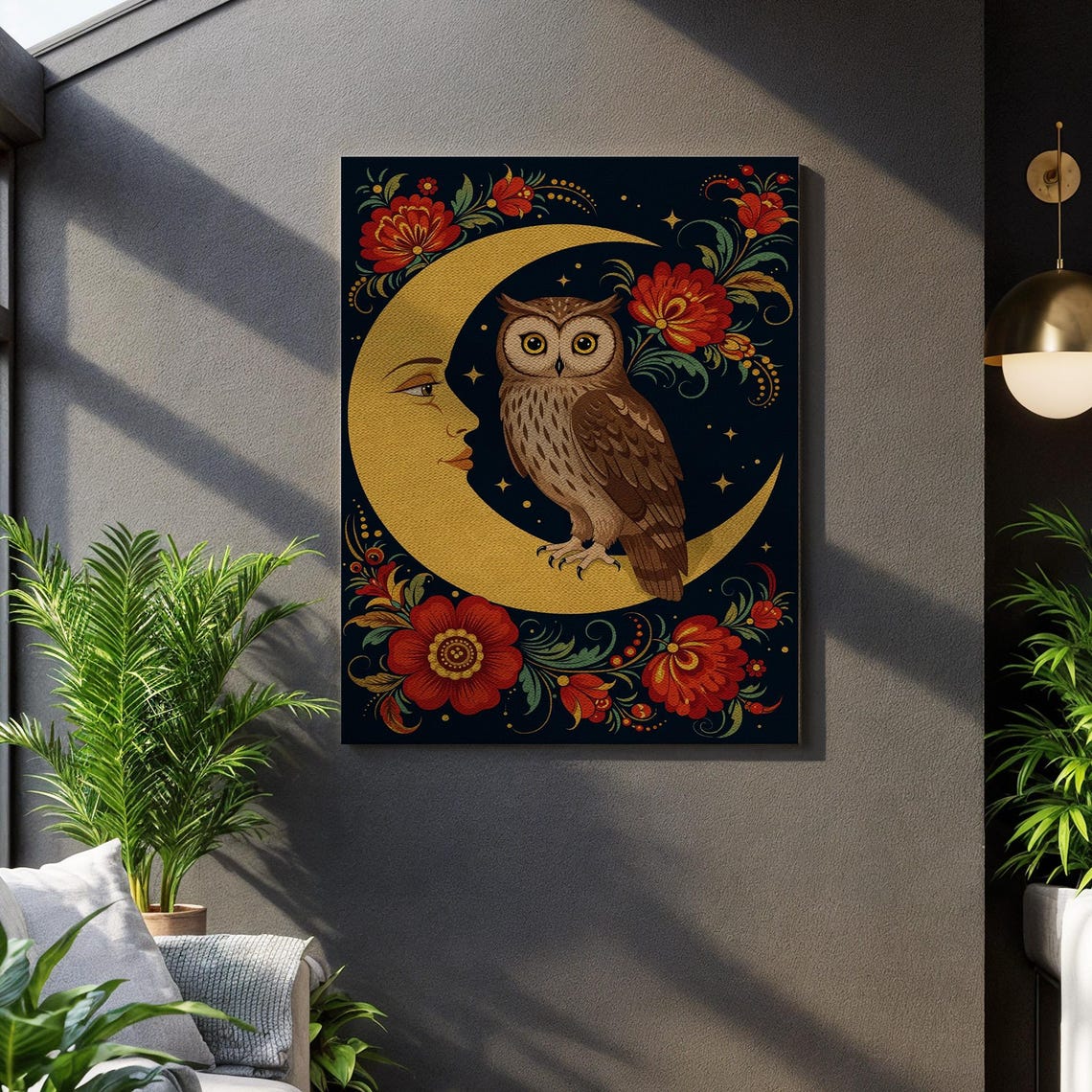 Owl On Crescent Moon Folk Style Floral Night Mystical Bird Poster