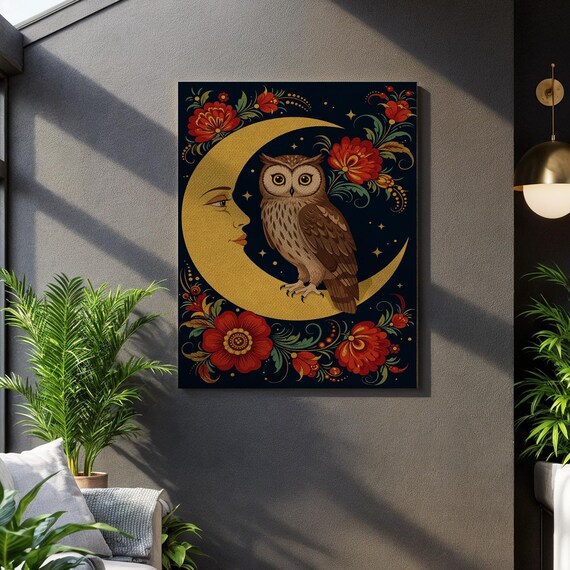 Owl And Moon Canvas Wall Art Folk Style Floral Night Print Mystical Bird Illustration Framed Nature Decor For Boho Home Unique Gift