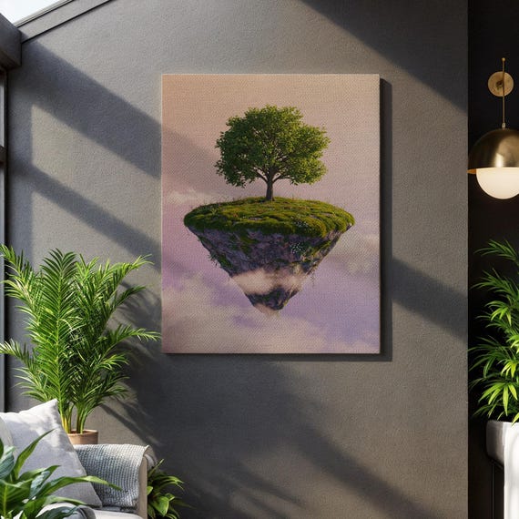 Floating Island Tree Wall Art Surreal Nature Fantasy Canvas Print Dreamy Cloud Landscape Poster Whimsical Artwork For Home Decor
