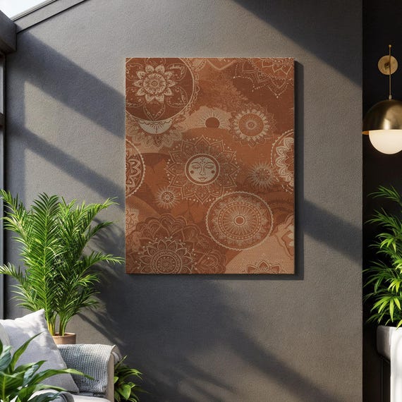 Boho Sun And Mandala Wall Art Terracotta Tones Canvas Print Spiritual Bohemian Pattern For Cozy Home Yoga Studio Or Meditation Space