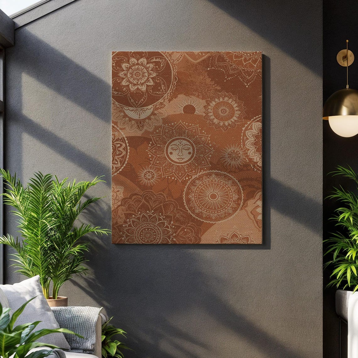 Boho Sun And Mandala Wall Art Terracotta Tones Canvas Print Spiritual Bohemian Pattern For Cozy Home Yoga Studio Or Meditation Space