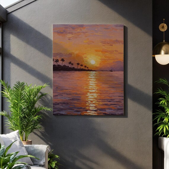 Tropical Sunset Palm Silhouette Beach Ocean Glow Canvas Art Poster