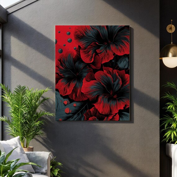 Dark Red Floral Canvas Wall Art Moody Botanical Print With Black Leaveselegant Gothic Flower Artwork For Dramatic And Passionate Interiors