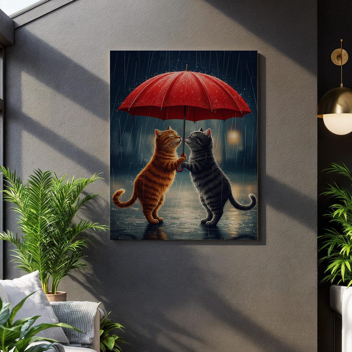 Two Cats Sharing A Red Umbrella In The Rain Romantic Canvas Wall Art