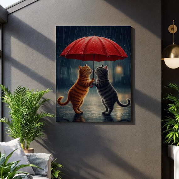 Two Cats Sharing A Red Umbrella In The Rain Romantic Canvas Wall Art