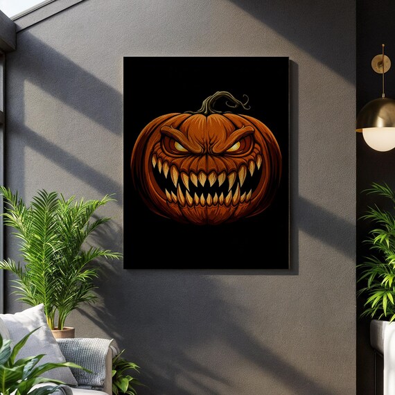 Evil Pumpkin Canvas Wall Art Scary Halloween Jack O Lantern Print Dark Horror Decor Creepy Teeth Illustration Spooky Framed Gift