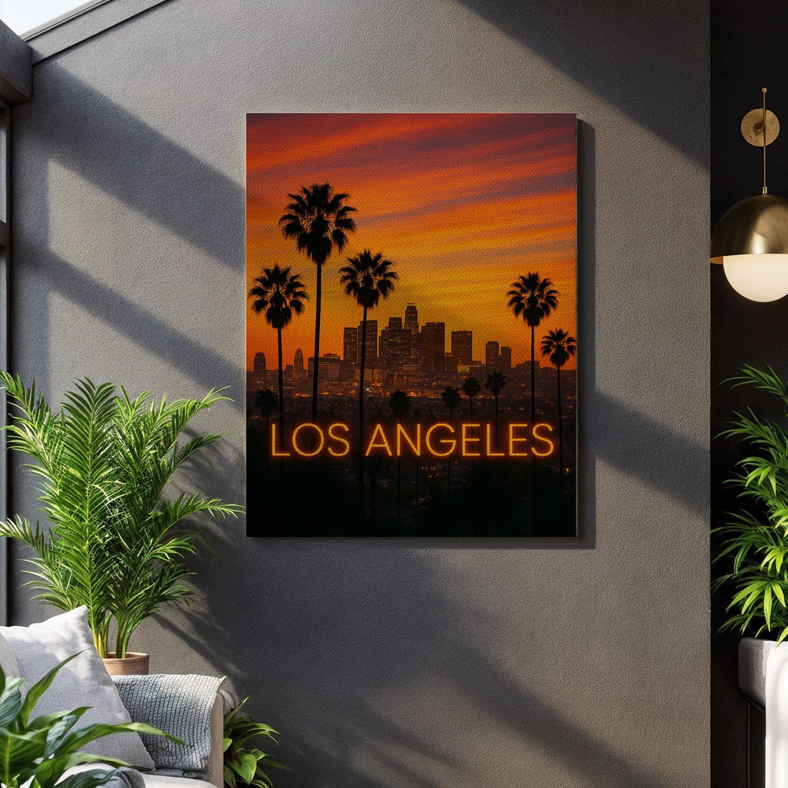 Los Angeles Neon Sign Sunset Skyline With Palm Tree Silhouettes Poster