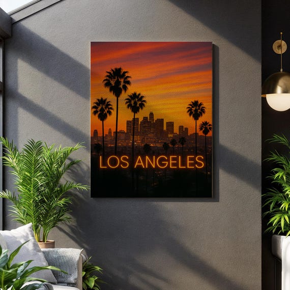 Los Angeles Skyline Canvas Wall Art Neon Sunset Cityscape Print With Palm Trees Urban Modern Poster Framed Gift For Lovers