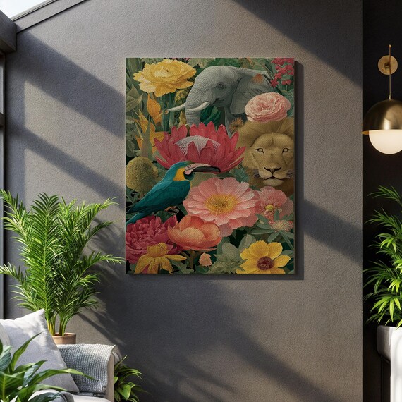 Jungle Animal Collage Maximalist Floral Art Framed Safari Print Moody Botanical Canvas Elephant Lion Toucan Exotic Wall Decor Gift