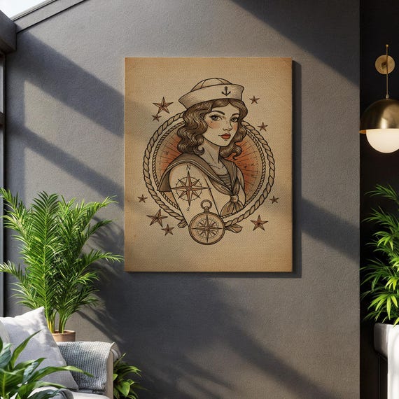 Vintage Sailor Girl Canvas Wall Art Nautical Compass And Stars Illustration Rustic Maritime Decor Gift For Ocean Lovers Coastal Homes