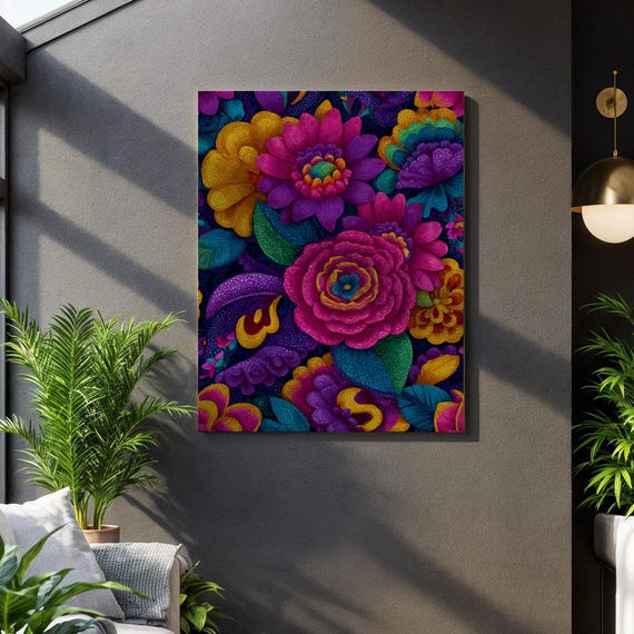 Vibrant Floral Canvas Wall Art Psychedelic Mexican Folk Inspired Print Bold Colorful Botanical Artwork For Maximalist Or Eclectic Decor