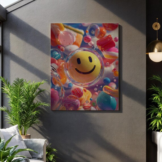 Smiley Face Candy Canvas Colorful Pop Art Wall Print Retro Fun Artwork Bright Happy Room Decor Modern Vibrant Painting For Home Office
