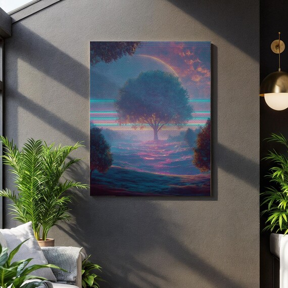 Vaporwave Tree Landscape Neon Sunset Retro Synthwave Nature Poster