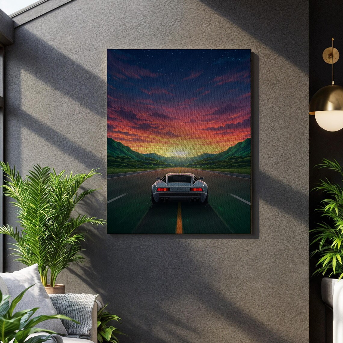 Retro Sports Car Sunset Highway Night Drive Vibrant Automotive Poster