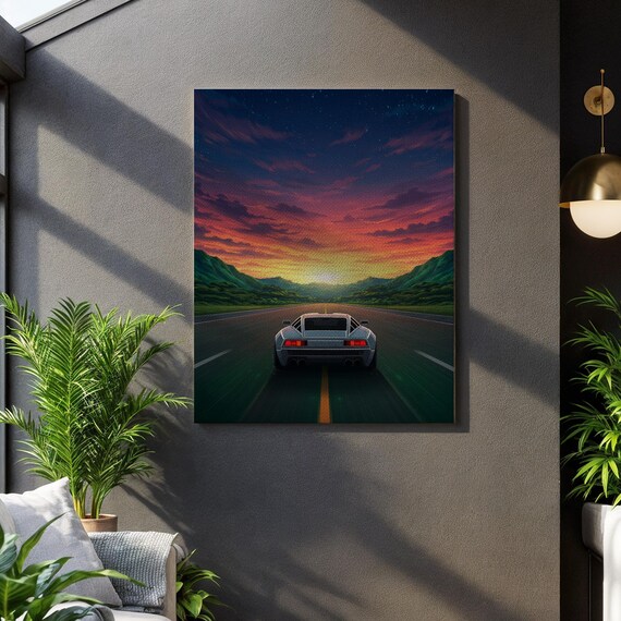 Retro Car Canvas Wall Art Sunset Highway Landscape Print Vibrant Driving Scene With Mountains Framed Gift For Lovers Dreamers