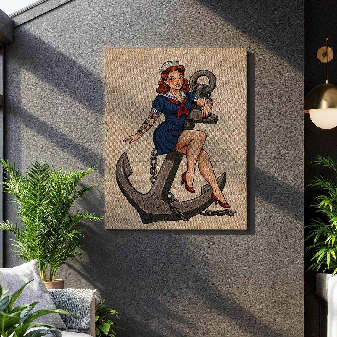 Sailor Pinup Girl On Anchor Retro Nautical Tattoo Canvas Wall Art