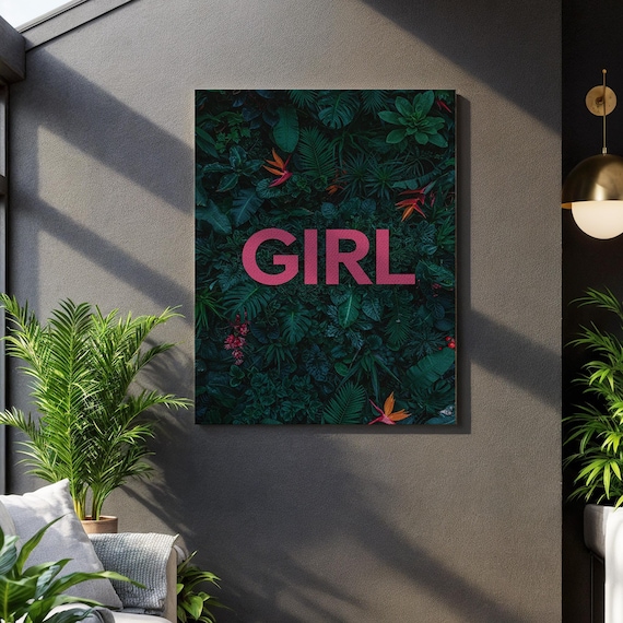 GIRL Pink Typography Tropical Jungle Leaves Bold Statement Poster