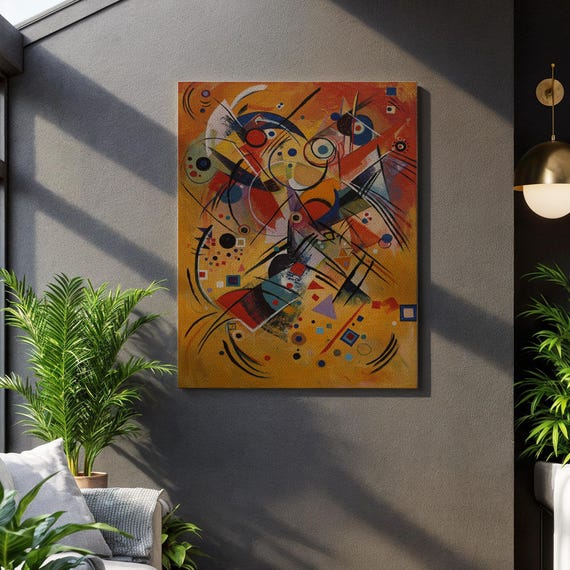 Abstract Geometric Canvas Wall Art Bold Color Shapes On Yellow Modern Expressionist Print Framed Artistic Decor For Creative Interiors