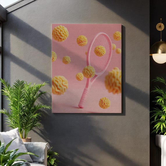 Pink Tennis Racket Pop Art Canvas Surreal Sporty Wall Decor With Yellow Balls Playful Modern Print For Teen Room Or Game Lounge