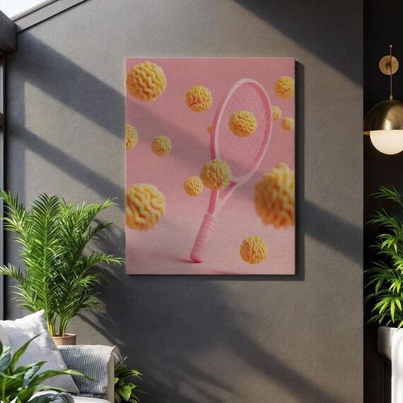 Pink Tennis Racket Yellow Balls Surreal Pop Art Sports Wall Art