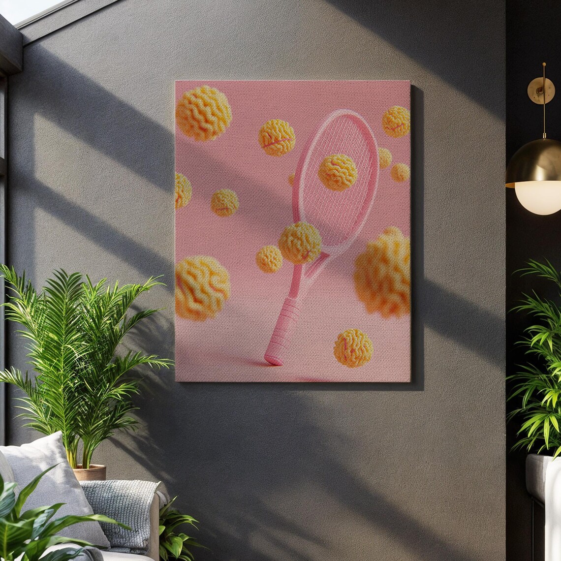 Pink Tennis Racket Yellow Balls Surreal Pop Art Sports Wall Art