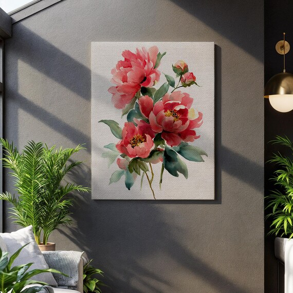Peony Watercolor Wall Art Elegant Pink Floral Canvas Print With Green Leaves Botanical Painting For Romantic And Modern Home Decor