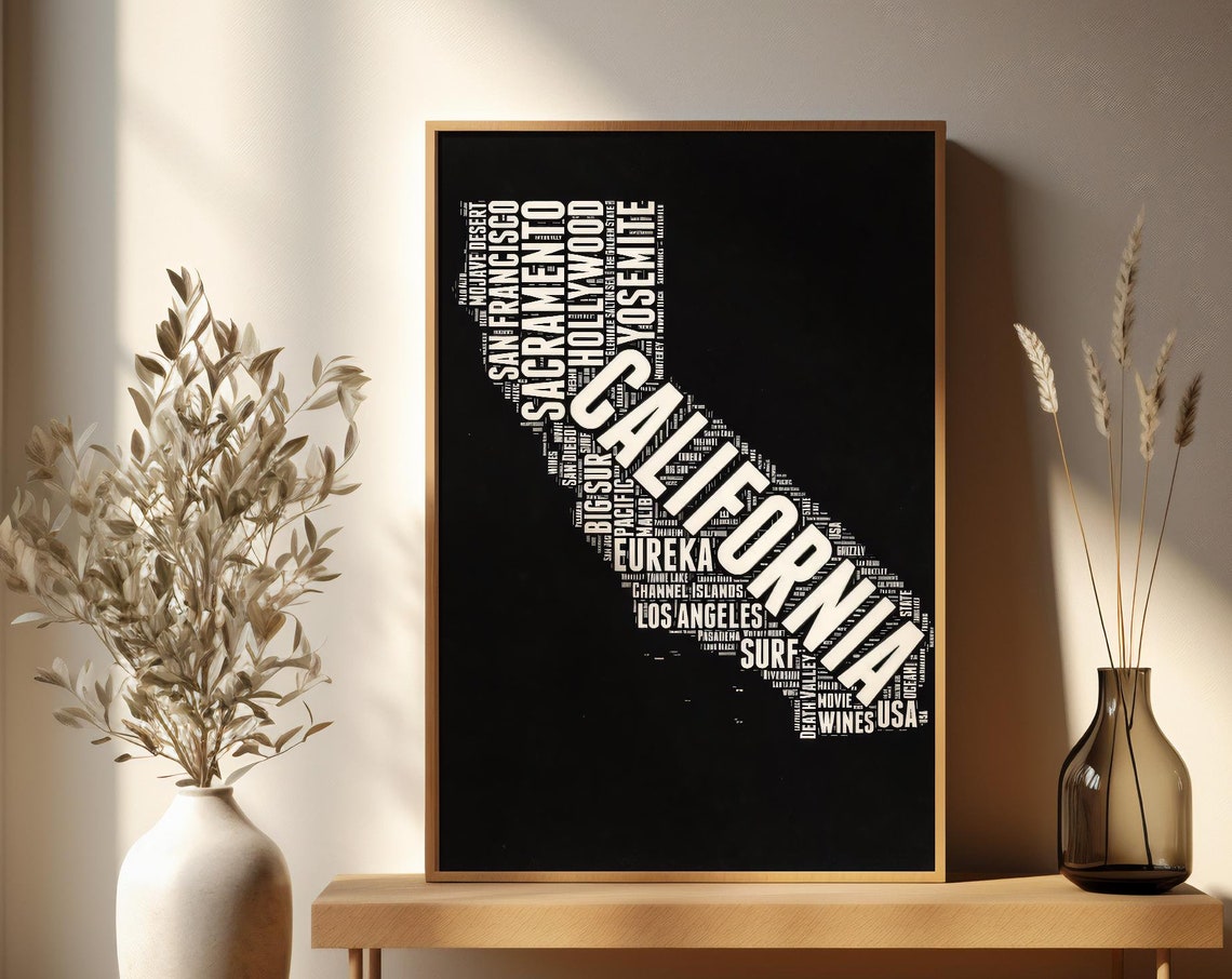 California Typography Word Map Poster with City Names on Black