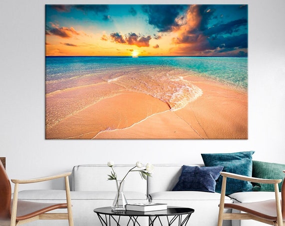 Sunset Beach Print Seascape Wall Art Beautiful Beach Print Tropical Sunset Coastal Art Extra Large Living Room Decor