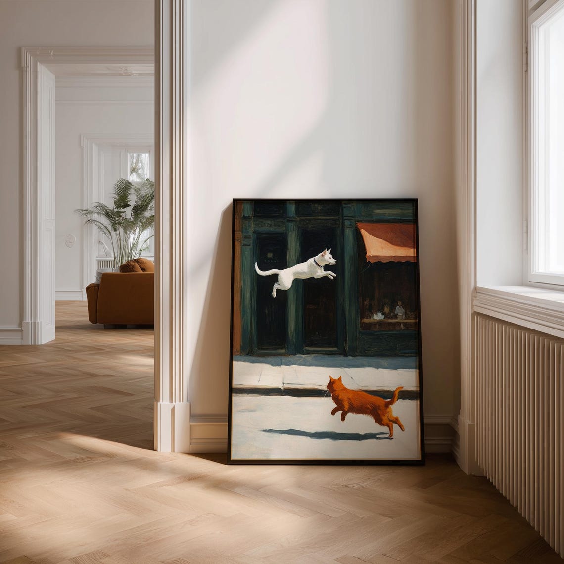 White Dog Leaping from Dark Shop Window Chasing Orange Cat Poster