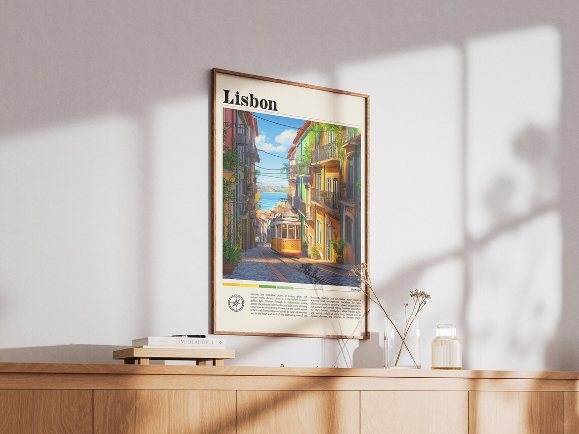 Lisbon Portugal Yellow Tram on Cobbled Street Vintage Travel Poster - Image 3