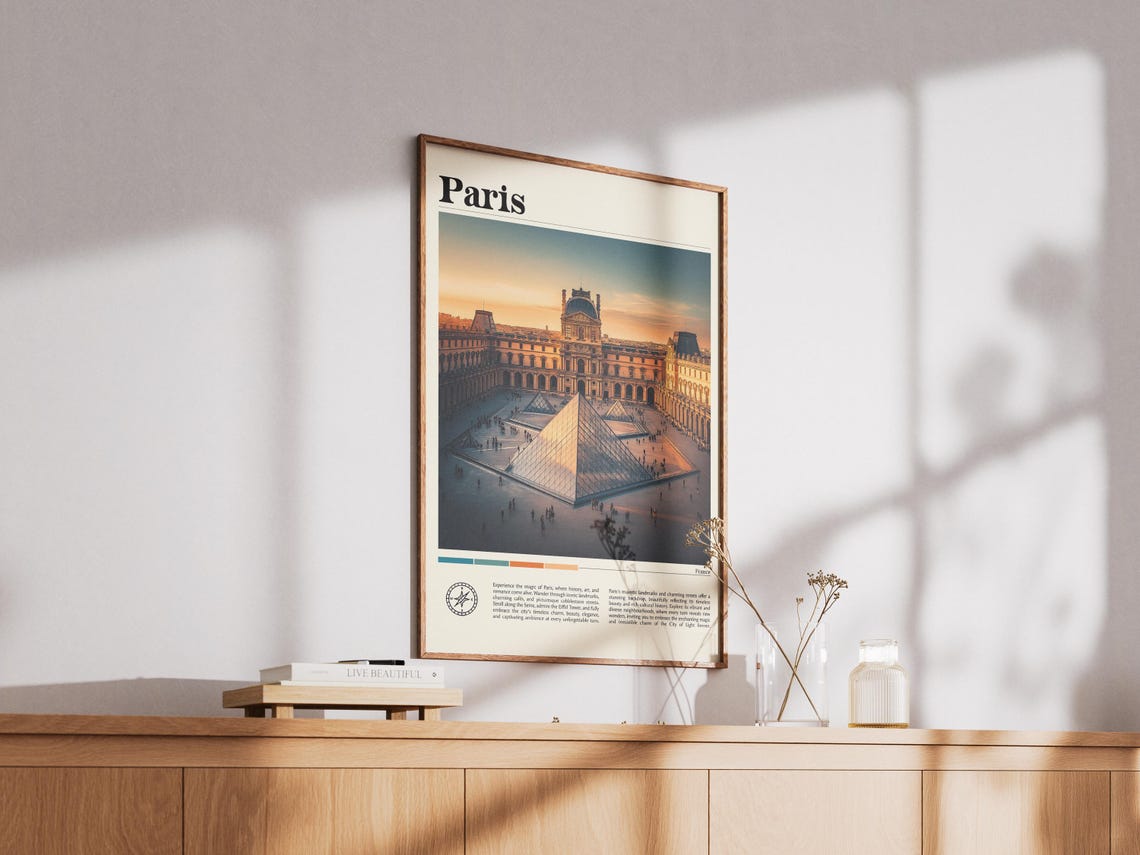 Paris Louvre Museum Glass Pyramids at Golden Sunset Travel Poster - Image 3