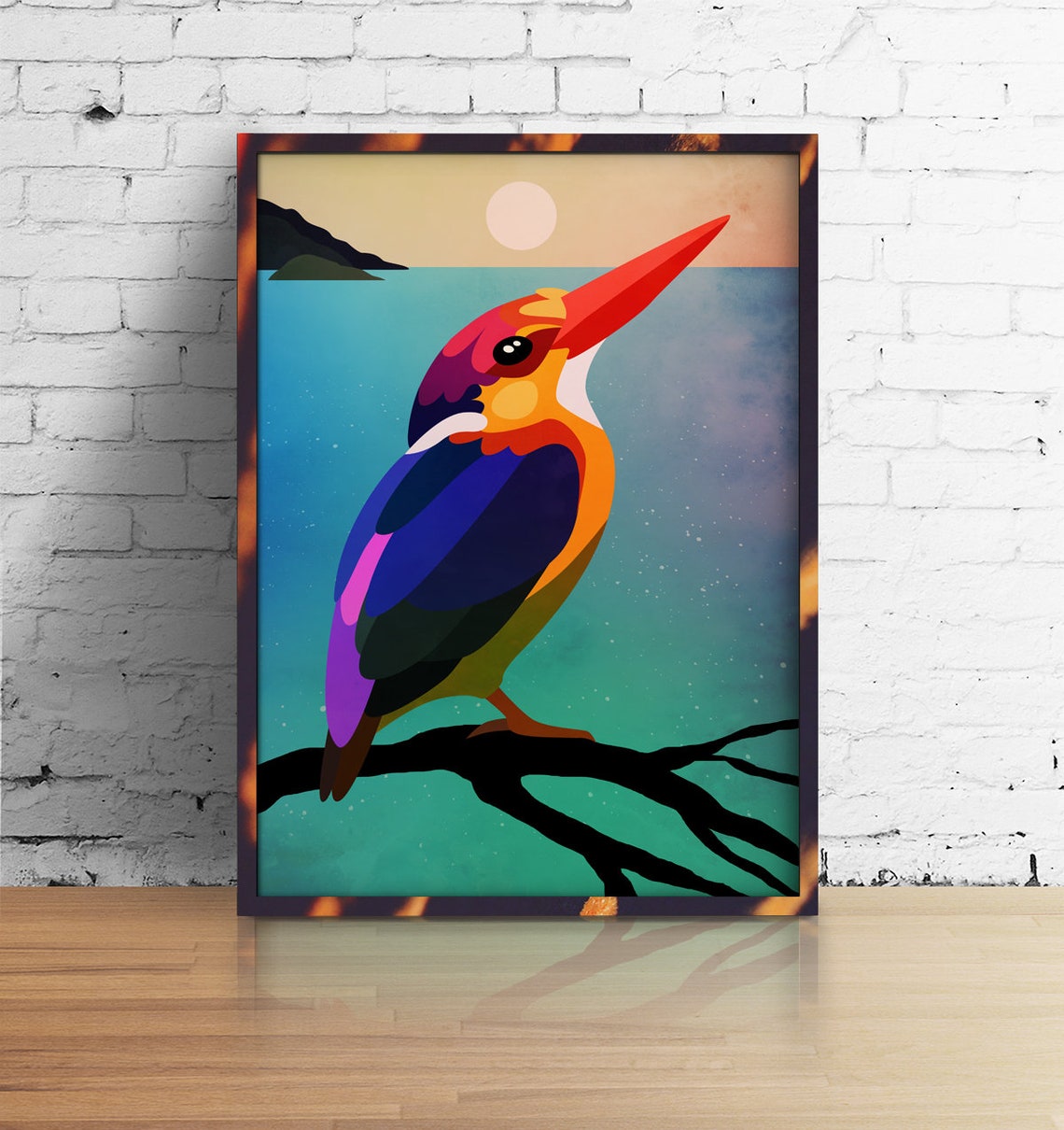 Colorful Kingfisher Bird Geometric Illustration Teal Ocean Art Poster - Image 2