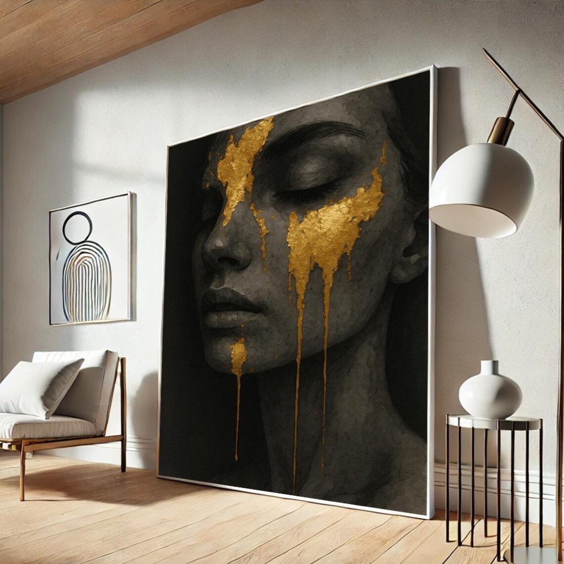 Dark Woman Portrait with Dripping Gold Tears Emotional Art Poster