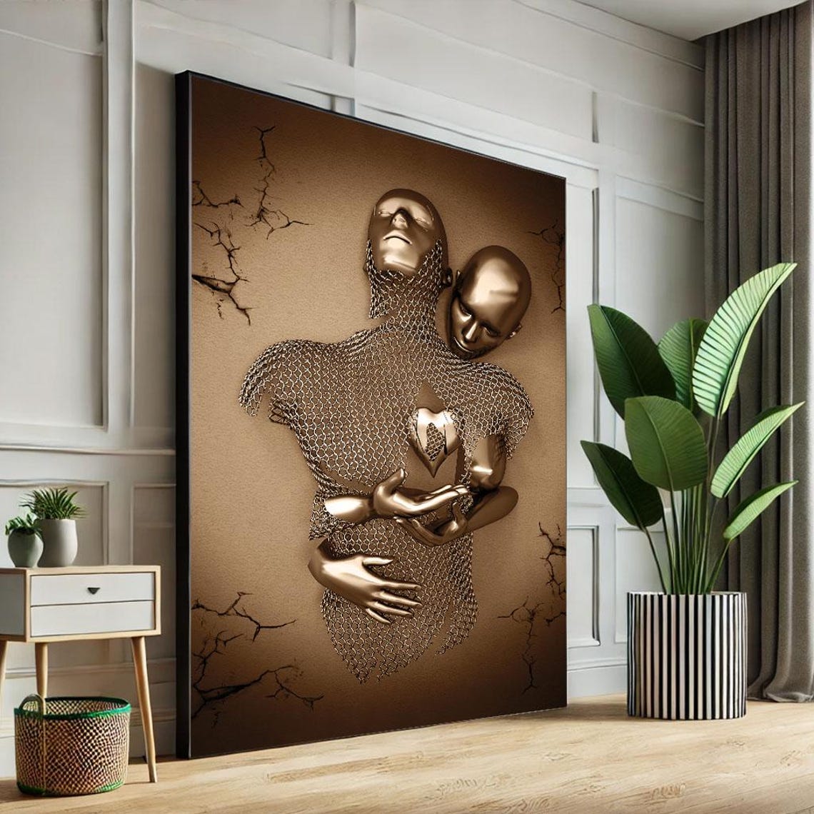Elegant Metallic Bronze Couple Embrace Love Sculpture Poster