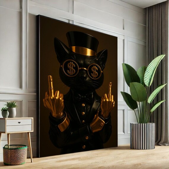 Sophisticated Black Cat with Attitude Edgy Gold Humor Poster