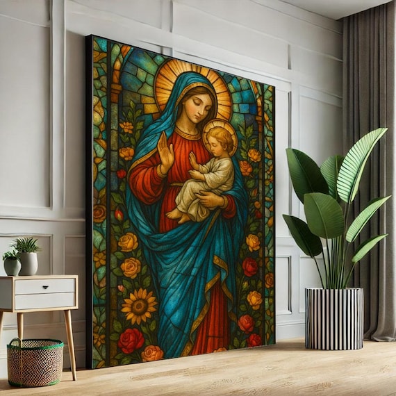 Radiant Virgin Mary And Child Stained Glass Style Religious Wall Poster