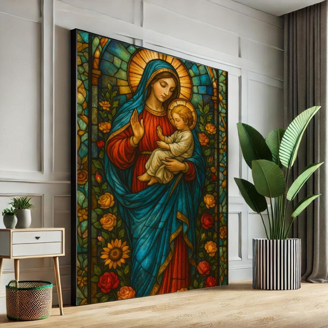 Radiant Virgin Mary And Child Stained Glass Style Religious Wall Poster