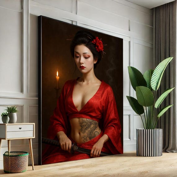 Serene Japanese Woman With Sword Canvas Wall Art Print Zen Living Room Decor Statement Piece