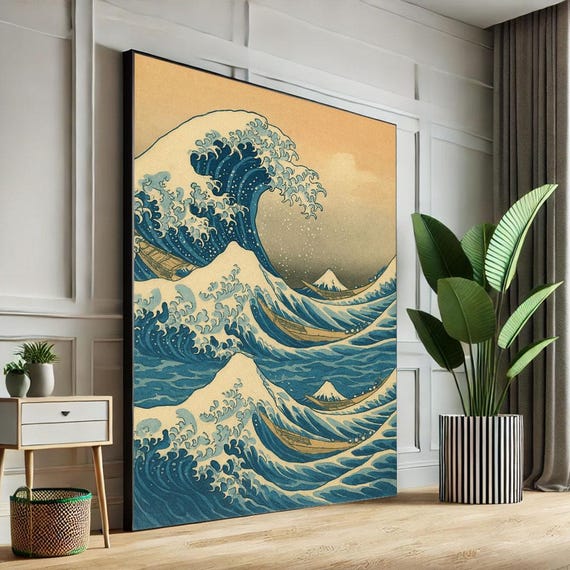 Elegant Japanese Wave Canvas Wall Art Print Classic Hokusai Style Living Room Decor Ready To Hang