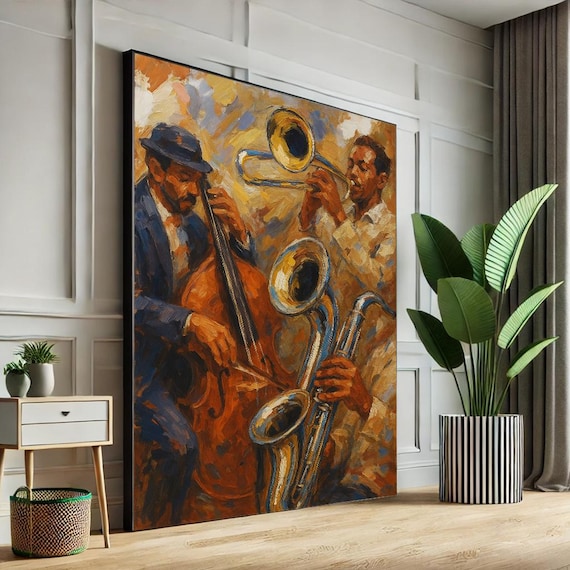 Vibrant Jazz Trio Bass Trumpet Saxophone Impressionist Music Poster