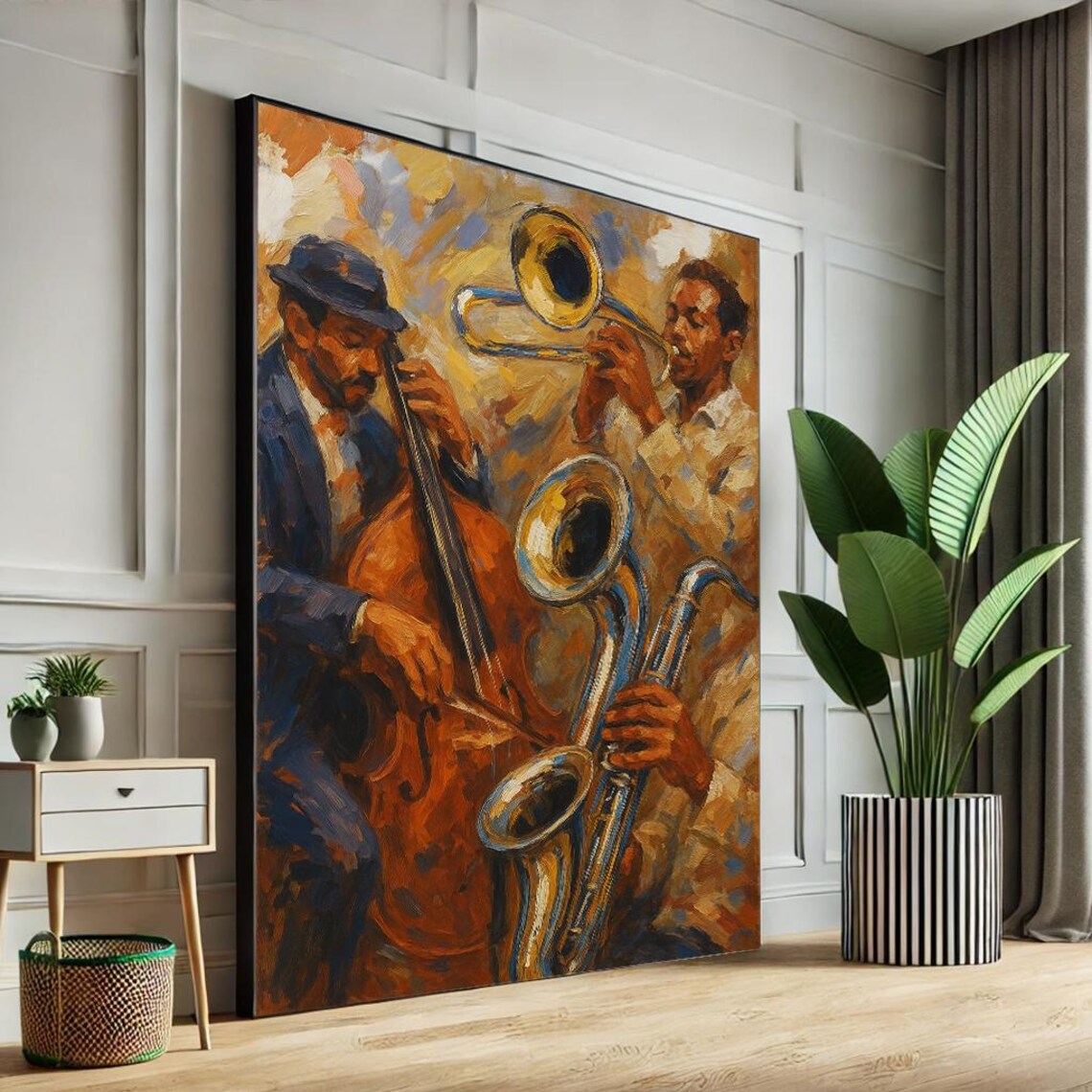 Vibrant Jazz Trio Bass Trumpet Saxophone Impressionist Music Poster