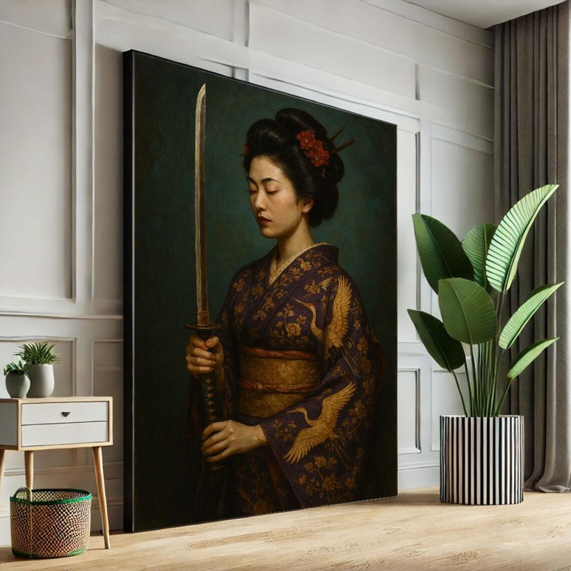 Serene Woman in Crane Kimono Holding Katana Dark Green Art Poster