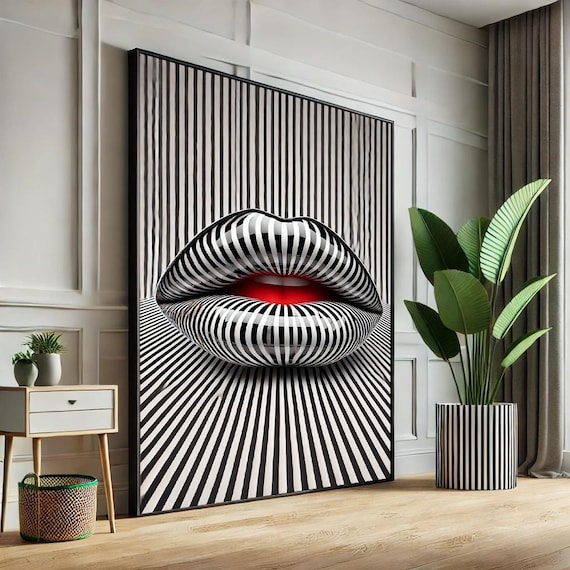 Bold Optical Illusion Striped 3D Lips Op Art Black White Poster
