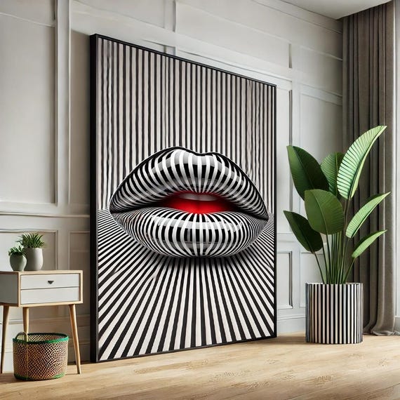 Woman Lips Abstract Pop Art Canvas Black White Striped Wall Decorunique Gift For Fashion Lovers Boyfriend Christmasmodern Home