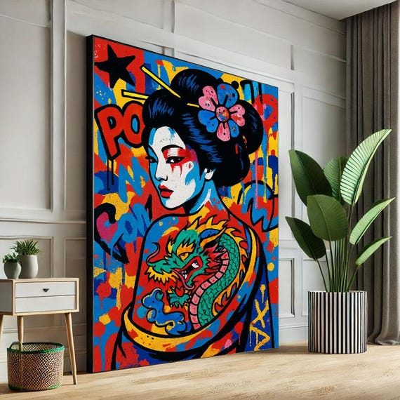 Bold Geisha Street Art Canvas Wall Print Vibrant Living Room Decor Statement Piece