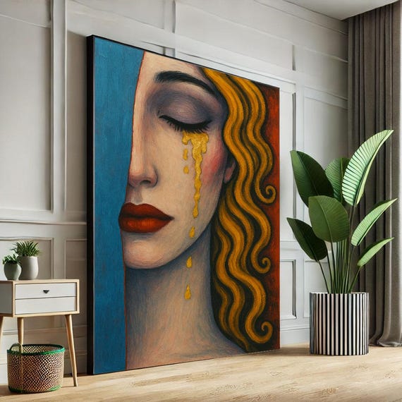 Golden Tears Woman Art Emotional Surreal Canvas Wall Print Vibrant Blue Red Yellow Painting For Living Room Decor