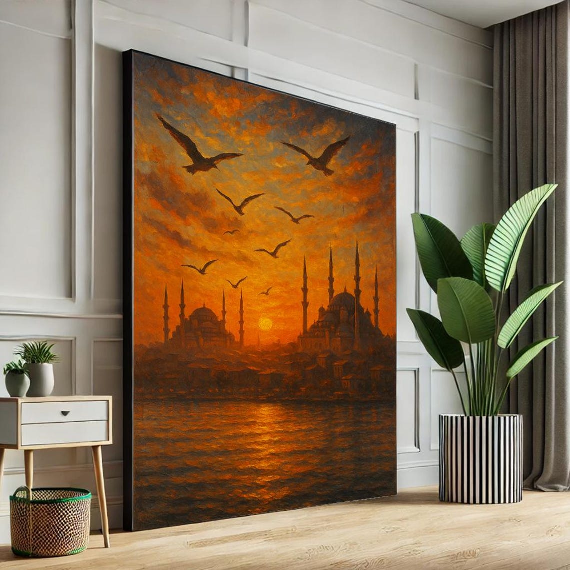 Istanbul Sunset Mosque Silhouette Seagulls Turkey Landscape Art Poster
