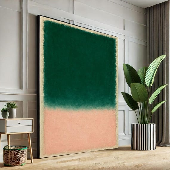 Mark Rothko Inspired Green And Peach Canvas Bold Color Field Painting For Modern Living Room Decor Statement Piece