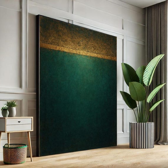 Mark Rothko Inspired Green And Gold Canvas Bold Color Field Painting For Contemporary Living Room Decor